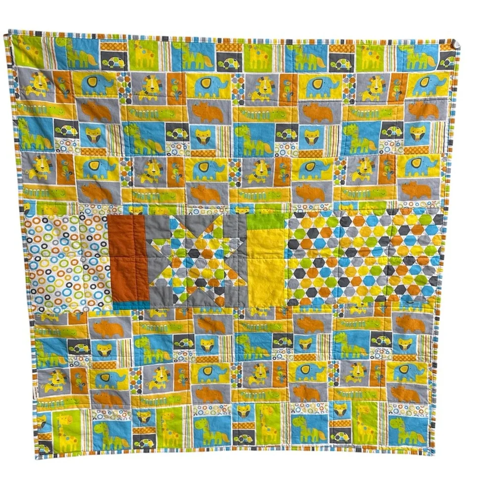 Modern Handmade Baby Quilt Gray‎ Orange Yellow Geometric Stars Zoo Animal